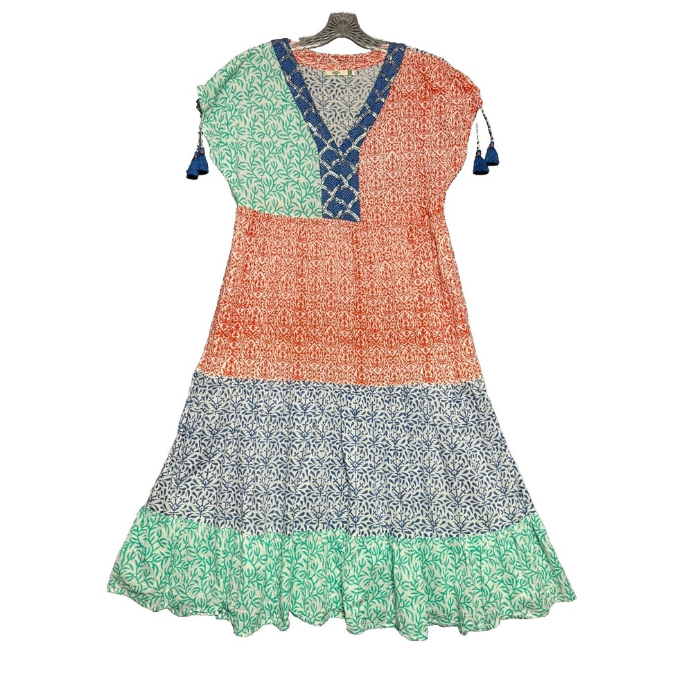 Dolma Boho Block Midi Dress L Tassel Sequin Ethnic Cottagecore Eclectic Festival